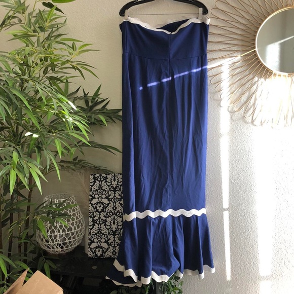 Navy Blue White tube strapless scallop edge long maxi dress with white trim slit - Picture 4 of 7